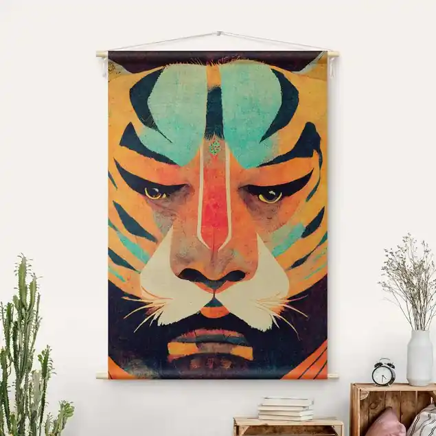 Bunte Tiger Illustration Wandteppich • Handarbeit aus Deutschland • inkl. Rundhölzer & Baumwollseil • lösemittelfrei • natürliche Raumwirkung Heißes Angebot