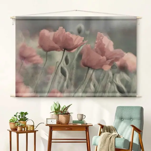 Schnäppchen Malerische Mohnblumen Wandteppich • Handarbeit aus Deutschland • inkl. Rundhölzer & Baumwollseil • lösemittelfrei • natürliche Raumwirkung