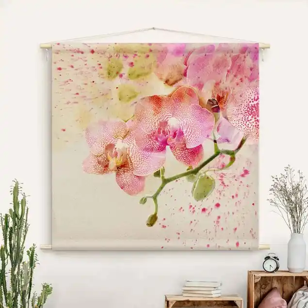 Günstig Aquarell Blumen Orchideen Wandteppich • Handarbeit aus Deutschland • inkl. Rundhölzer & Baumwollseil • lösemittelfrei • natürliche Raumwirkung