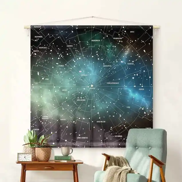 Sternbilder Karte Galaxienebel Wandteppich • Handarbeit aus Deutschland • inkl. Rundhölzer & Baumwollseil • lösemittelfrei • natürliche Raumwirkung Highlight