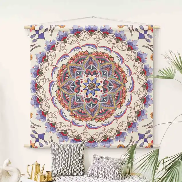 Mandala Meditation Pranayama Wandteppich • Handarbeit aus Deutschland • inkl. Rundhölzer & Baumwollseil • lösemittelfrei • natürliche Raumwirkung Preiswert