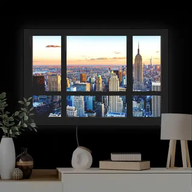 Sofort Bestellen Fensterausblick - Sonnenaufgang New York LED-Wechselbild