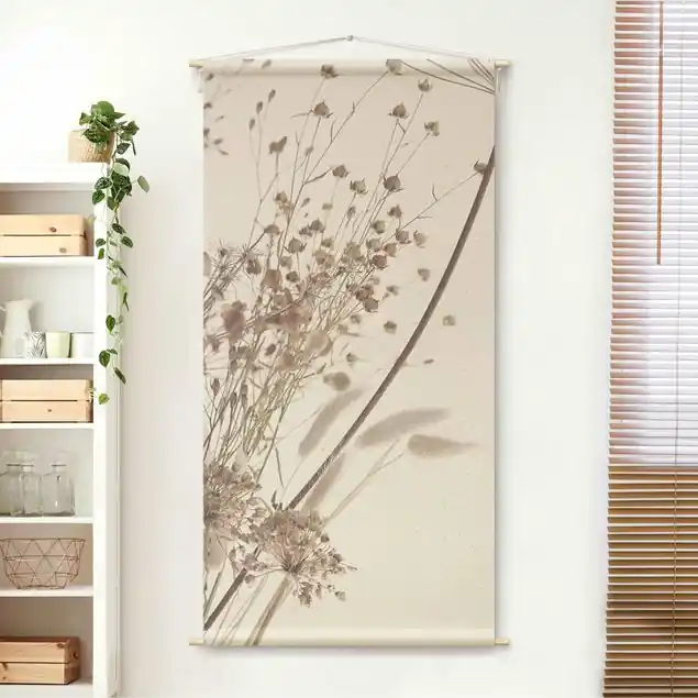 Schneller Versand Bouquet aus Ziergras und Blüten Wandteppich • Handarbeit aus Deutschland • inkl. Rundhölzer & Baumwollseil • lösemittelfrei • natürliche Raumwirkung