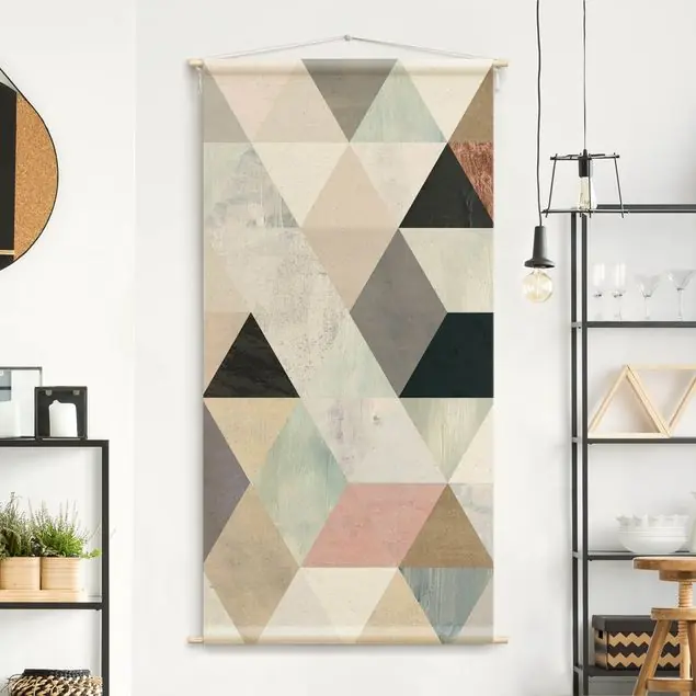 Mega-Angebot Aquarell-Mosaik mit Dreiecken I Wandteppich • Handarbeit aus Deutschland • inkl. Rundhölzer & Baumwollseil • lösemittelfrei • natürliche Raumwirkung