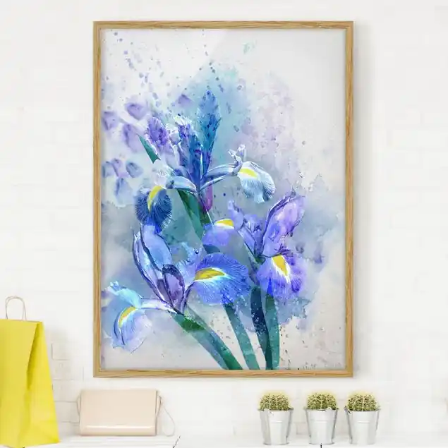 Aquarell Blumen Iris Bild mit Rahmen in Manufakturqualität • Eiche naturbelassen • inkl. Rahmung von Hand • Made in Germany Preisknaller