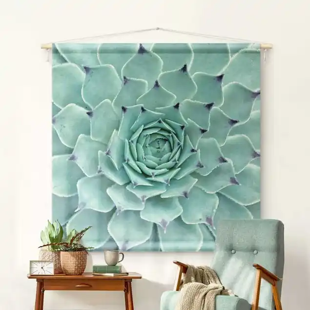 Kostenfreie Lieferung Kaktus Agave Wandteppich • Handarbeit aus Deutschland • inkl. Rundhölzer & Baumwollseil • lösemittelfrei • natürliche Raumwirkung