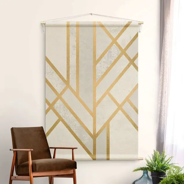 Art Deco Geometrie Weiß Gold Wandteppich • Handarbeit aus Deutschland • inkl. Rundhölzer & Baumwollseil • lösemittelfrei • natürliche Raumwirkung Wochenendangebot