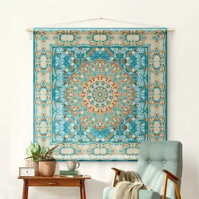Knallerangebot Skandinavisches Muster Blau Creme Wandteppich • Handarbeit aus Deutschland • inkl. Rundhölzer & Baumwollseil • lösemittelfrei • natürliche Raumwirkung