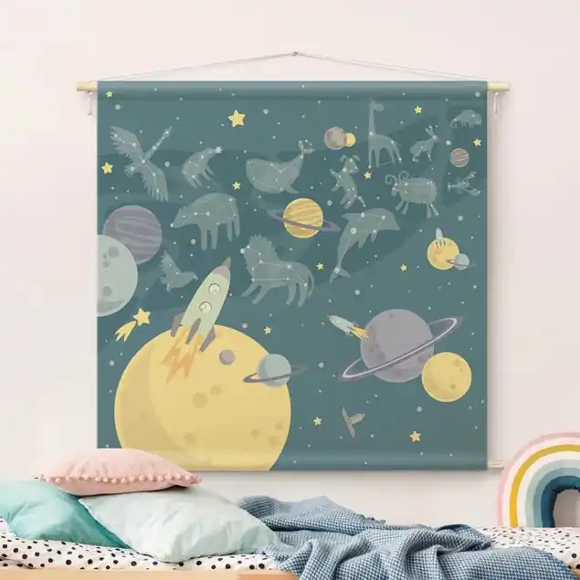 Planeten mit Sternzeichen und Raketen Wandteppich • Handarbeit aus Deutschland • inkl. Rundhölzer & Baumwollseil • lösemittelfrei • natürliche Raumwirkung Highlight