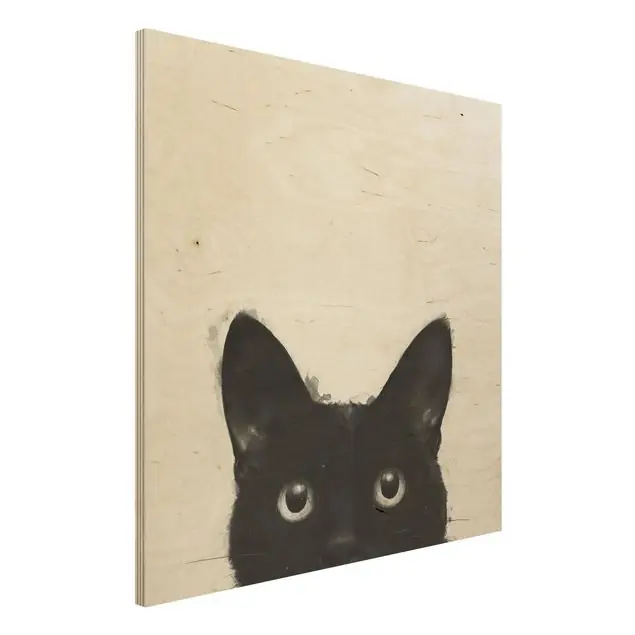 Ausverkauf Illustration Schwarze Katze auf Weiß Malerei Holzbild - Quadrat