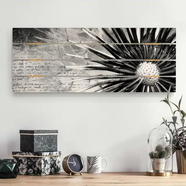 Schnäppchen Pusteblume Schwarz & Weiß Holzbild Plankenoptik - Panorama
