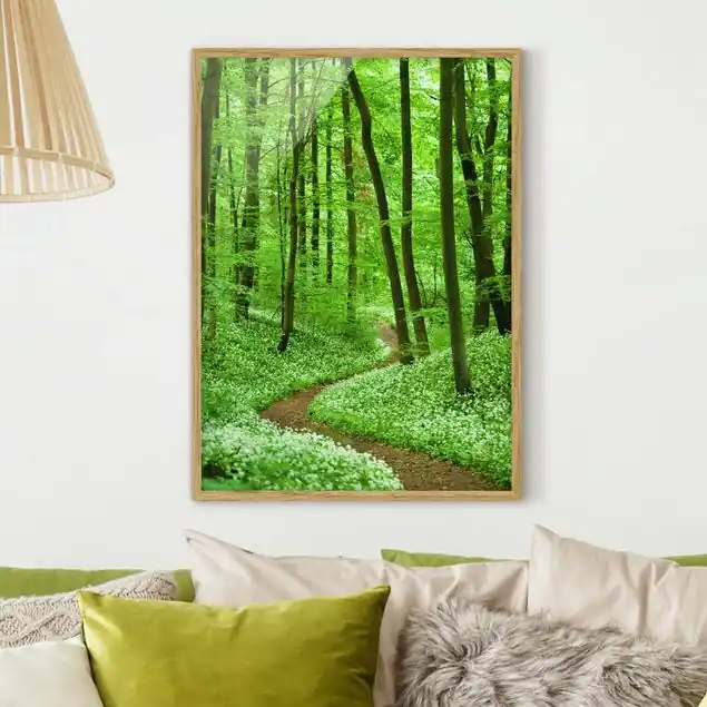 Bestseller Romantischer Waldweg Bild mit Rahmen in Manufakturqualität • Eiche naturbelassen • inkl. Rahmung von Hand • Made in Germany