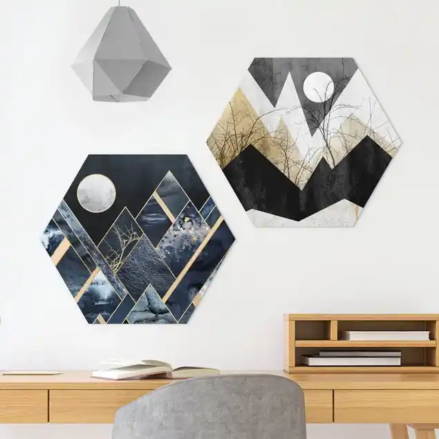 Preiswert Goldener Mond und geometrische Berge 2-teiliges Hexagon-Alu-Dibond Bild