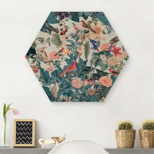 Vintage Collage - Vogelgarten Hexagon-Holzbild Neue Ware