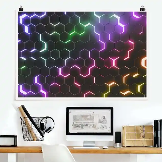 Strukturierte Hexagone mit Neonlicht Poster Gratis Versand