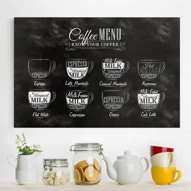 Sofort Bestellen Kaffeesorten Kreidetafel Leinwandbild • hergestellt in Deutschland • langlebiges Canvas mit Holzkeilrahmen • klassische Struktur