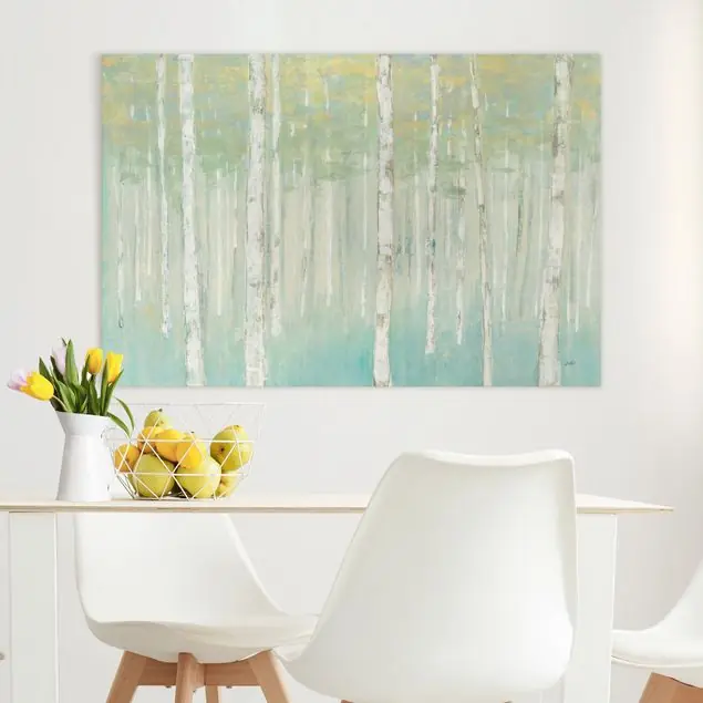 Neuheit Birkenwald bei Sonnenaufgang Leinwandbild • hergestellt in Deutschland • langlebiges Canvas mit Holzkeilrahmen • klassische Struktur