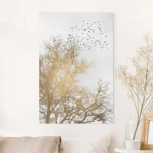 Knallerangebot Vogelschwarm vor goldenem Baum Leinwandbild • hergestellt in Deutschland • langlebiges Canvas mit Holzkeilrahmen • klassische Struktur