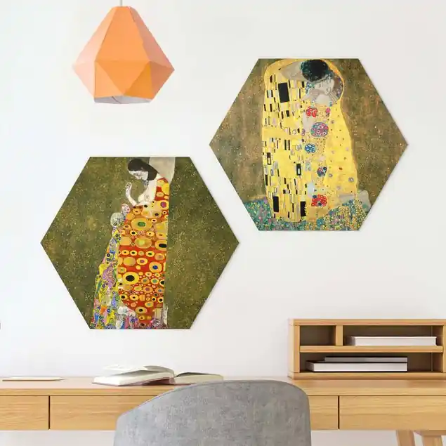 Highlight Gustav Klimt - Kuss und Hoffnung 2-teiliges Hexagon-Alu-Dibond Bild