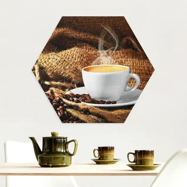 Kaffee am Morgen Hexagon-Alu-Dibond Bild Sonderaktion