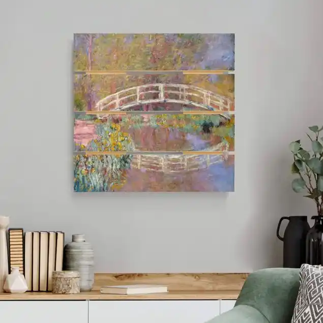 Sofort Bestellen Claude Monet - Brücke Monets Garten Holzbild Plankenoptik - Quadrat