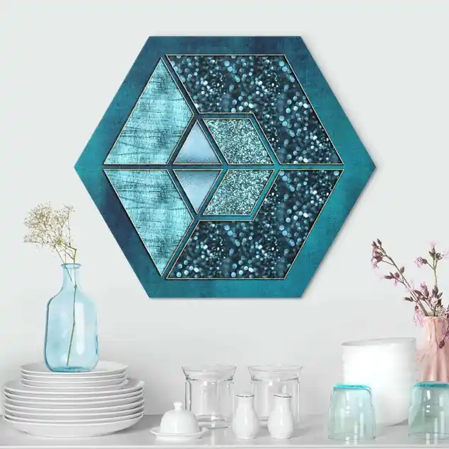 Super-Preis Blaues Hexagon mit Goldkontur Hexagon-Alu-Dibond Bild