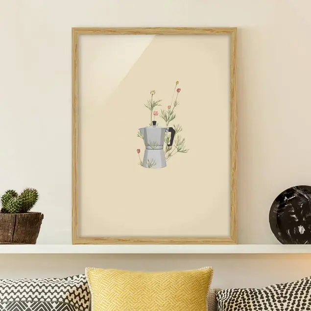 Bialetti mit Blumen Bild mit Rahmen in Manufakturqualität • Eiche naturbelassen • inkl. Rahmung von Hand • Made in Germany Finale Aktion