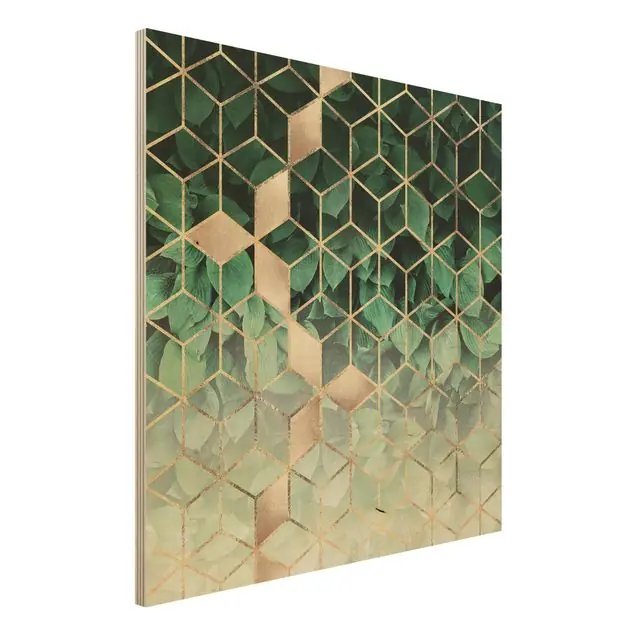 Grüne Blätter goldene Geometrie Holzbild - Quadrat Must-Have