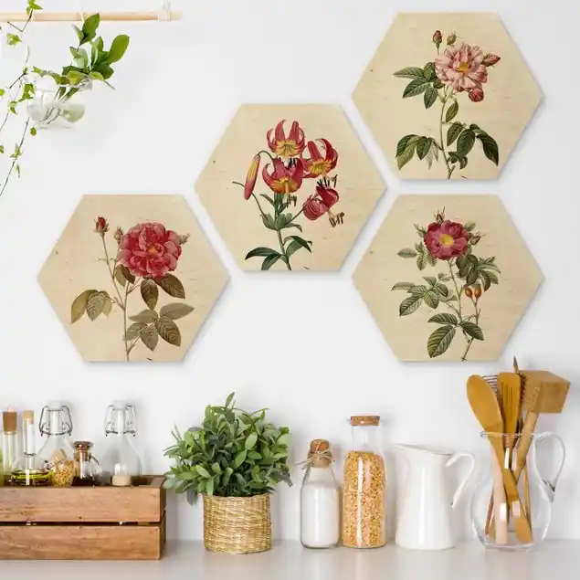Preis Gesenkt Pierre Joseph Redouté - Rosen und Lilien 4-teiliges Hexagon-Holzbild