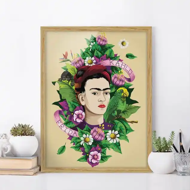 Neu Im Sortiment Frida Kahlo - Frida, Äffchen und Papagei Bild mit Rahmen in Manufakturqualität • Eiche naturbelassen • inkl. Rahmung von Hand • Made in Germany