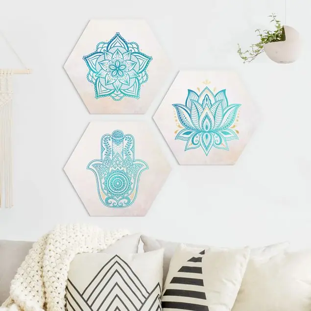 Mandala Hamsa Hand Lotus Set Gold Blau 3-teiliges Hexagon-Forexbild Top-Angebot