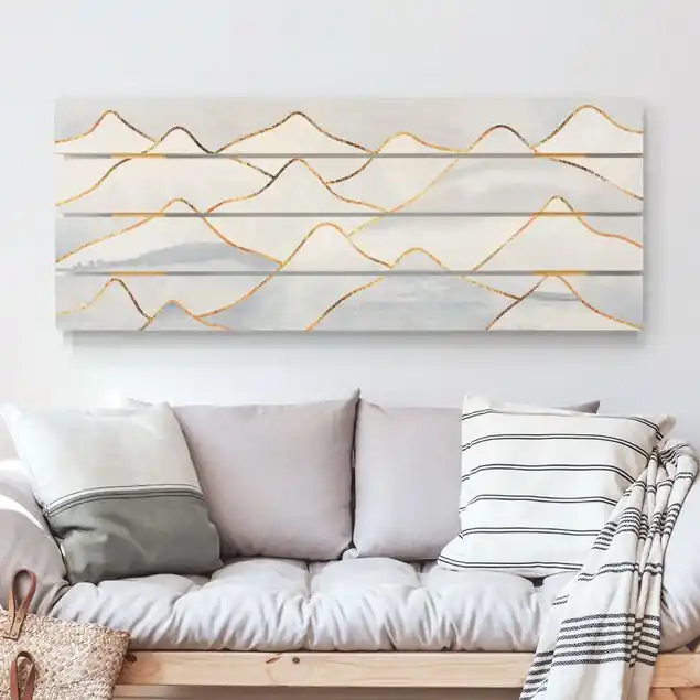 Aquarell Berge Weiß Gold Holzbild Plankenoptik - Panorama Neue Kollektion