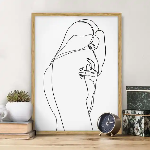 Bestseller Line Art Frauenakt Schulter Schwarz Weiß Bild mit Rahmen in Manufakturqualität • Eiche naturbelassen • inkl. Rahmung von Hand • Made in Germany