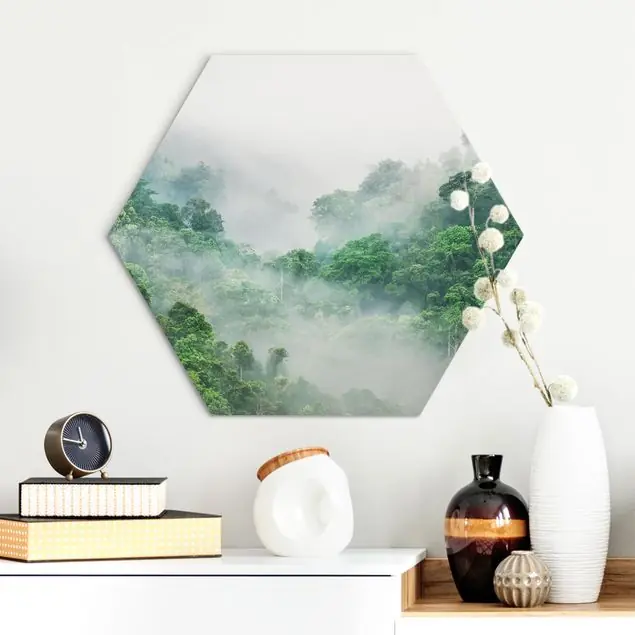 Expressversand Dschungel im Nebel Hexagon-Alu-Dibond Bild