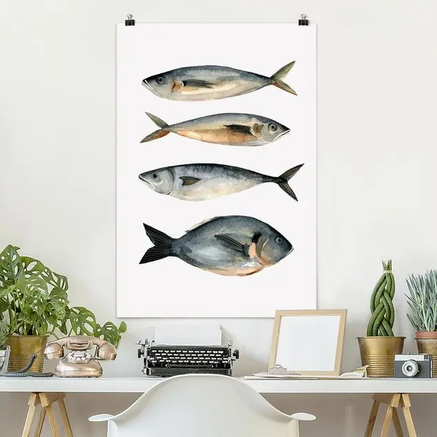 Zertifiziert Vier Fische in Aquarell I Poster - Hochformat
