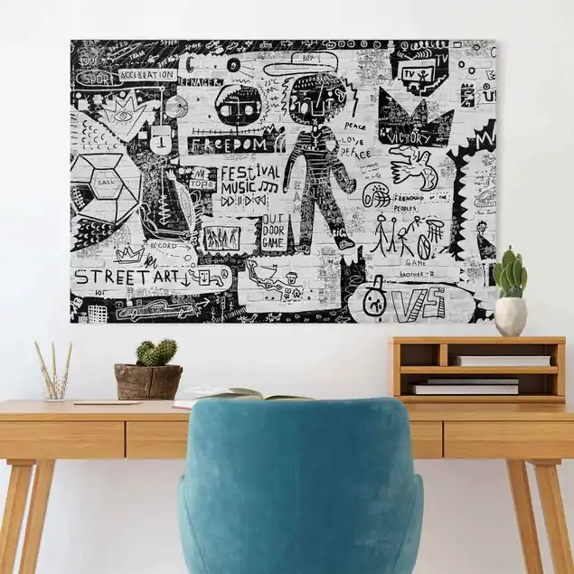Abstract Graffiti Art Schwarz Weiß Leinwandbild • hergestellt in Deutschland • langlebiges Canvas mit Holzkeilrahmen • klassische Struktur Kostenfreie Lieferung