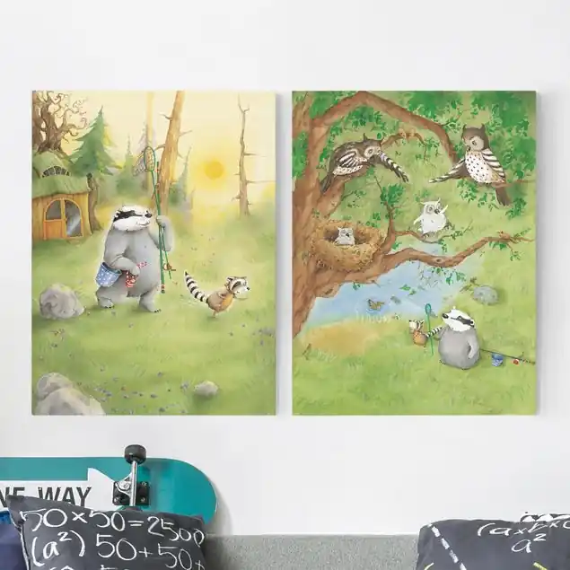 Garantierte Lieferung Wassili Waschbär - Wassili und Sibelius und die Eulen 2-teiliges Leinwandbild