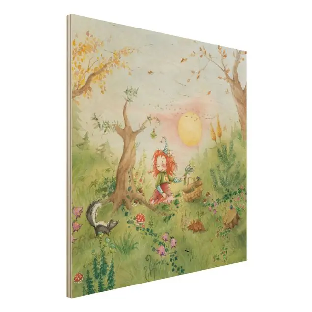 Frida sammelt Kräuter Holzbild - Quadrat Echt