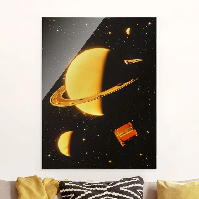 Super-Preis Retro Collage - Die Ringe des Saturn Glasbild