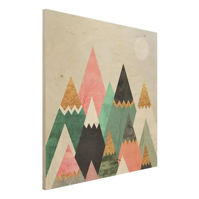 Dreieckige Berge mit Goldspitzen Holzbild - Quadrat Kracherpreis