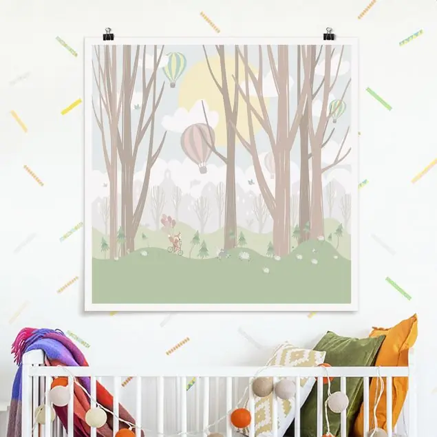 Sonne mit Bäumen und Heißluftballons Poster - Quadrat Neue Kollektion
