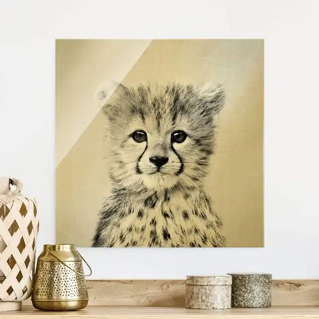 Baby Gepard Gino Schwarz Weiß Glasbild Angebot