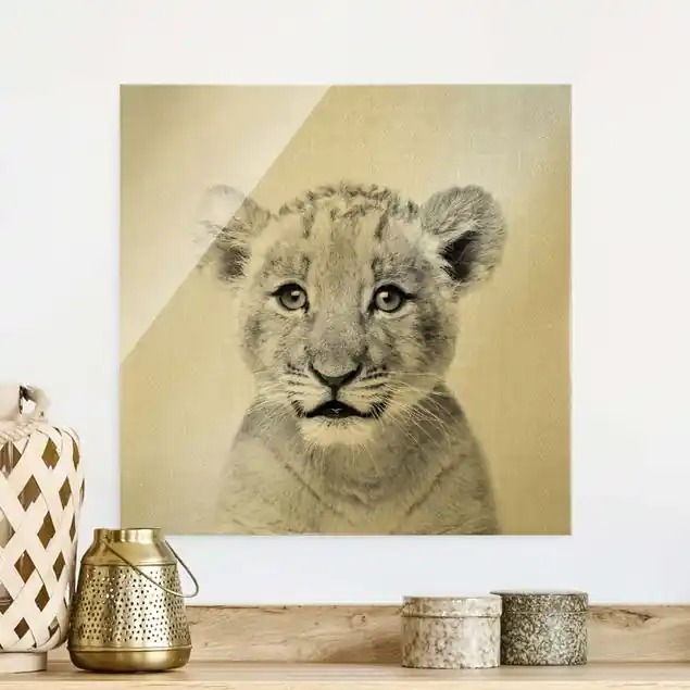 Zertifiziert Baby Löwe Luca Schwarz Weiß Glasbild