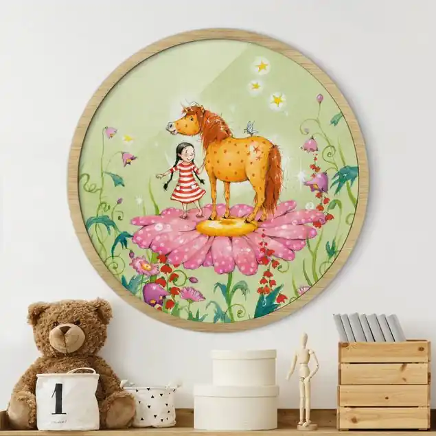 Kostenfreie Lieferung Das Zauberpony auf der Blüte Rundes Bild mit Rahmen