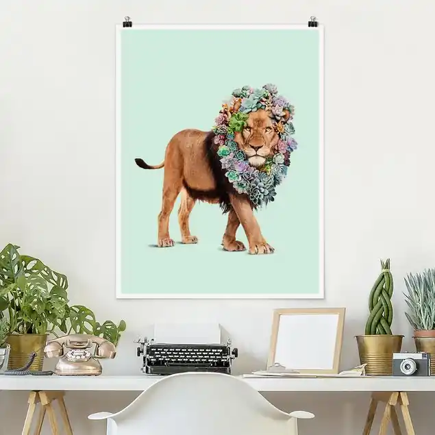 Neu Löwe mit Sukkulenten Poster - Hochformat