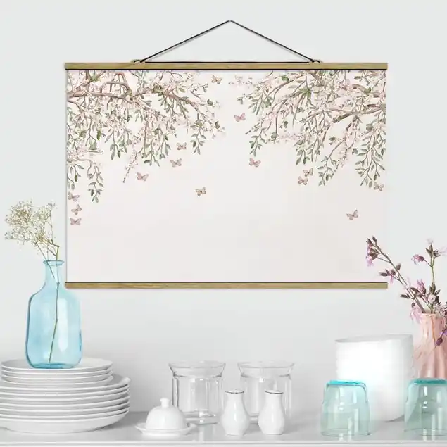 Kirschblüte im Flügelspiel der Schmetterlinge Stoffbild mit Posterleisten Meistverkauft