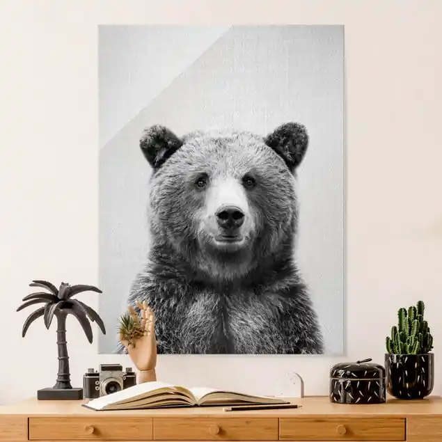 Bestpreis Grizzlybär Gustel Schwarz Weiß Glasbild