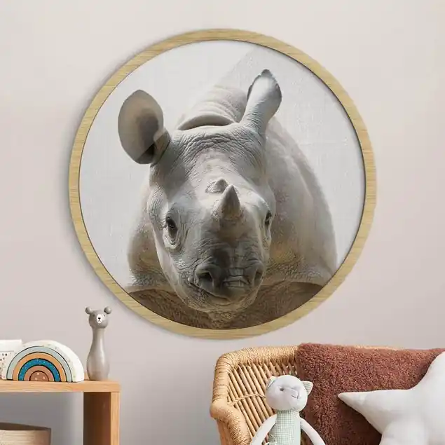 Markenware Baby Nashorn Nina Rundes Bild mit Rahmen