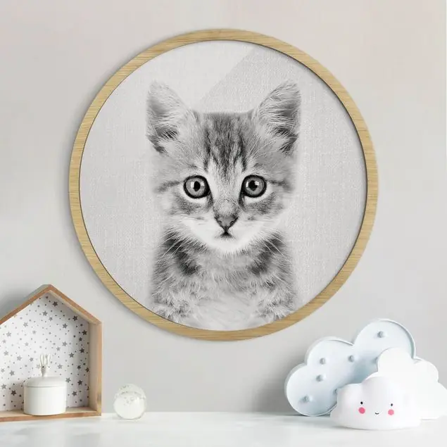 Neu Baby Katze Killi Schwarz Weiß Rundes Bild mit Rahmen