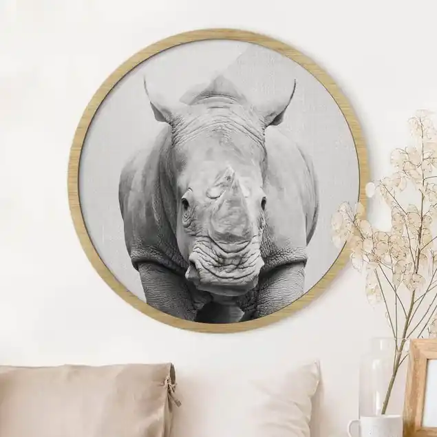 Echt Nashorn Nora Schwarz Weiß Rundes Bild mit Rahmen